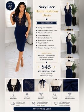 Navy Lace Halter Bodycon Dress - Backless Evening Dress